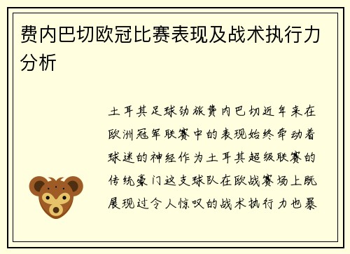 费内巴切欧冠比赛表现及战术执行力分析