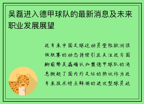 吴磊进入德甲球队的最新消息及未来职业发展展望